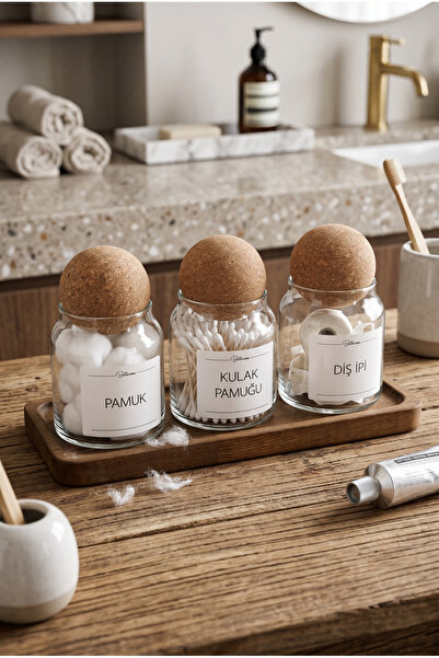 zezedesing 3-Piece Glass Bathroom Organizer Set – Wooden Stand with Cork Lid,...
