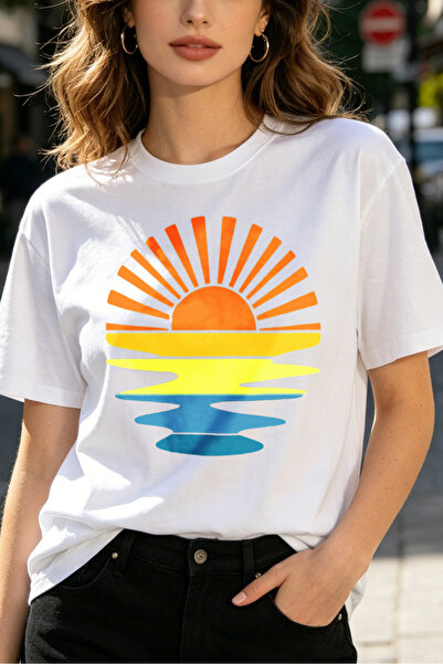Fleck Womens T Shirts Sunset Ocean Graphic Summer Casual Style