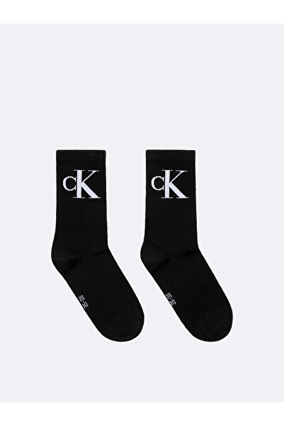 Calvin Klein جوارب نسائية قطنية طويلة بتفاصيل شعار CK، عبوة مزدوجة باللون الأسود