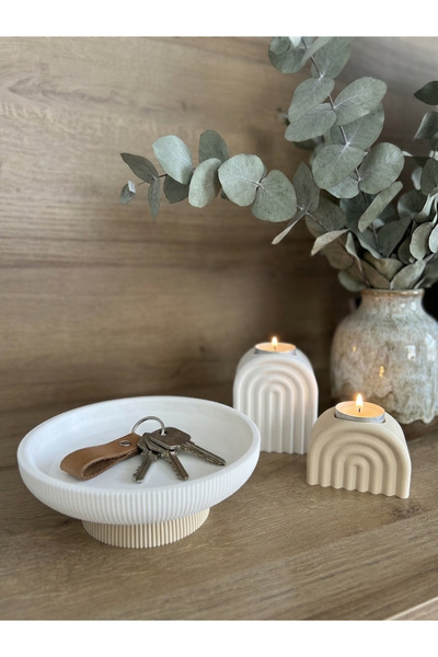 Handmade İskandinav 3'lü Dekoratif Set - Ayaklı Sunum Tabağı & Beton İkili Ke...
