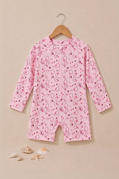 ZUZUNGA Pink Heart Patterned Long Sleeve Zippered Baby Sea Jumpsuit