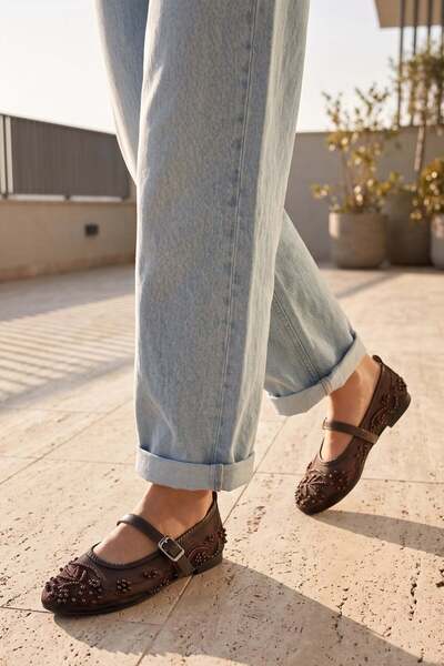 Modezya Emilia Brown Patterned Belt Detail Oval Toe Women's Ballerinas