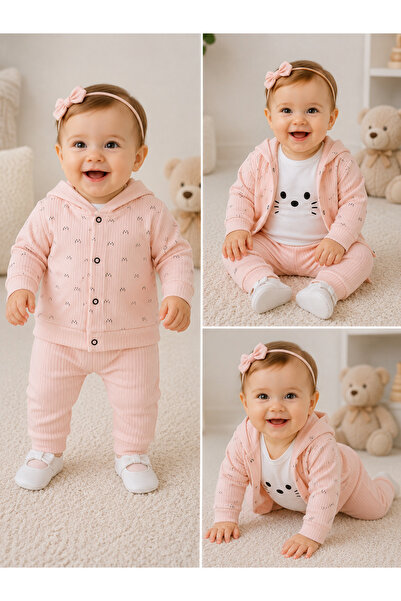Nehad Bebe 3-Piece Baby Girl Set Cotton Printed Hooded Cardigan Body Pants Set