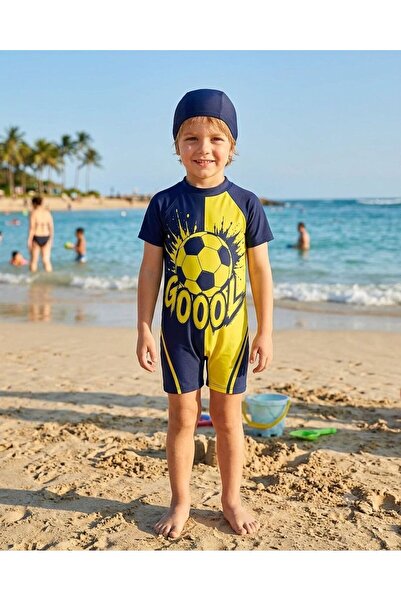 ALİŞ KİDS Costum de baie pentru băieți, galben și bleumarin, cu model cu ming...
