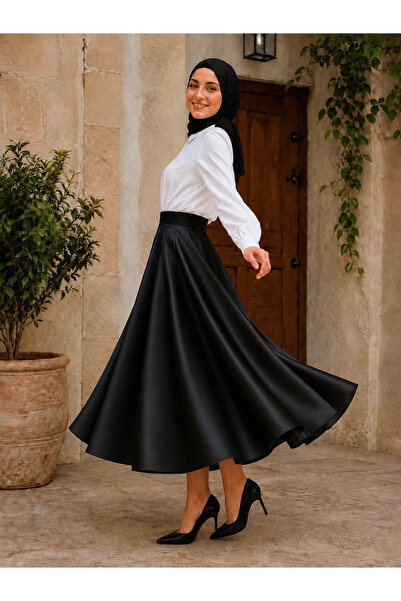 ELMODA Women's Ribbed Shorts Lined Satin Full Circle Mevlana Skirt