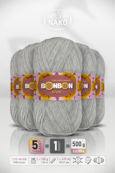 BONBON Kristal - Light Gray (98233) - 5-Pack - 100Gr/475M - Fine Yarn Hand Kn...