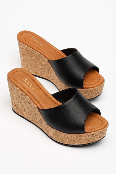SNİCKER Papuci negri din piele naturală cu acoperire din plută Pantofi de dam...