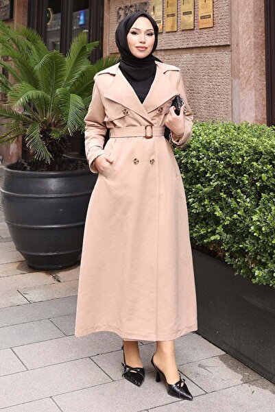 Missvalle Belt Detailed Buttoned Trench Coat Mink 19301