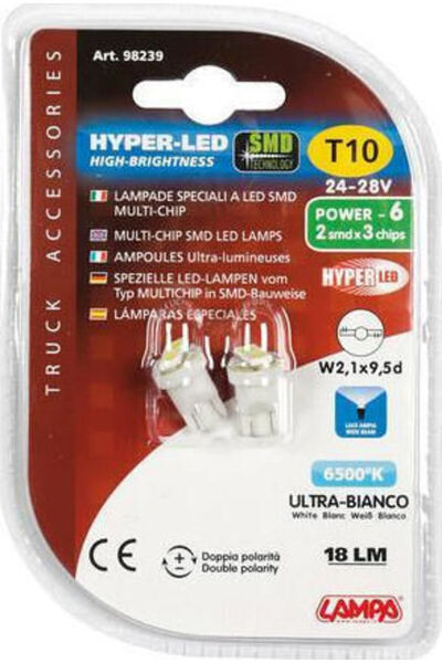 Lampa Λάμπες Αυτοκινήτου & Μοτοσικλέτας Hyper-Led Power 6 Λευκό T10 LED 6500K...