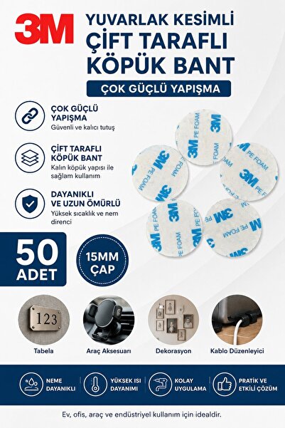 Dünya Magnet 50 Adet 3M Yuvarlak Kesimli Çok Güçlü Çift Taraflı Köpük Bant Ça...