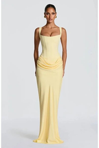 Cool & Sexy Maxi Length Lace-Up Adjustable Corset Detailed Dress – Yellow