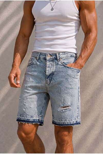 MADZEYMODA Men's Snow Washed Denim Ripped Detailed Jean Shorts Ke-1196