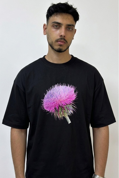 Anetos Purple Thistle Design Printed Oversize Black T-Shirt