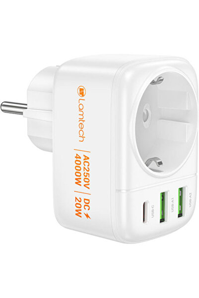 Lamtech Μονή πρίζα με προστασία από υπερτάσεις, με 2 USB-A και 1 USB-C. Κωδικ...
