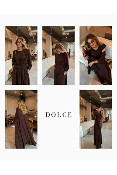 femmes fraiches Aisha Acı Kahve Vatkalı T-shirt - Pileli Pantolon - Kimono Set