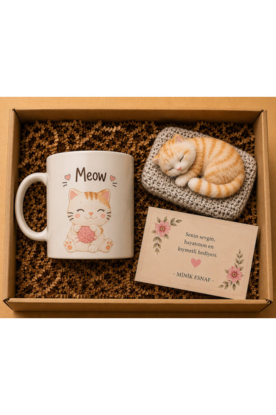 Minik Esnaf Meow Kedi Hediye Seti – Sevimli Kedi Kupa Bardak, Uyuyan Peluş Ke...