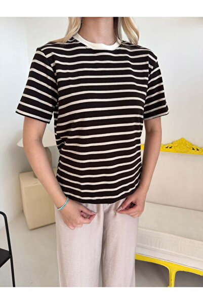 Bade Butik Coffee Ecru Striped T-Shirt