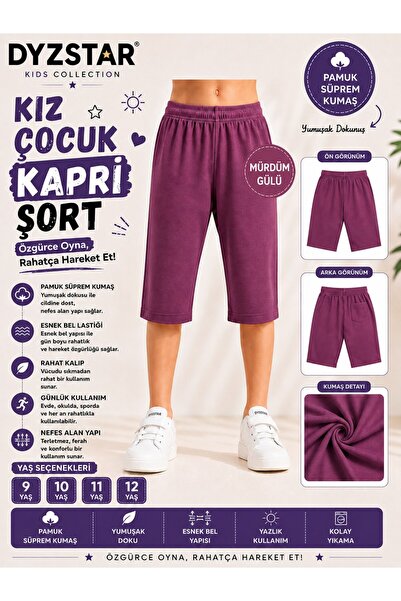 DYZSTAR Kız Çocuk Mürdüm Gülü Pamuk Süprem Kapri Şort Lastikli Bel Rahat Kalı...