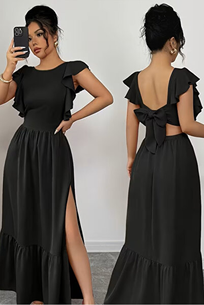 missamour Women's Black Maxi Dress with Bow Detail on the Back and Ruffle Sle...