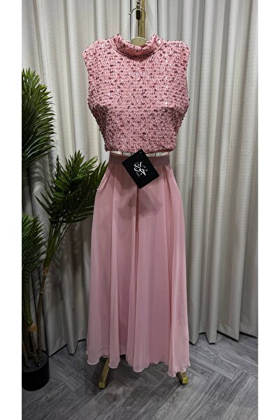 Jood Evening Dress Chiffon Skirt Set with Sequined Top and High Collar