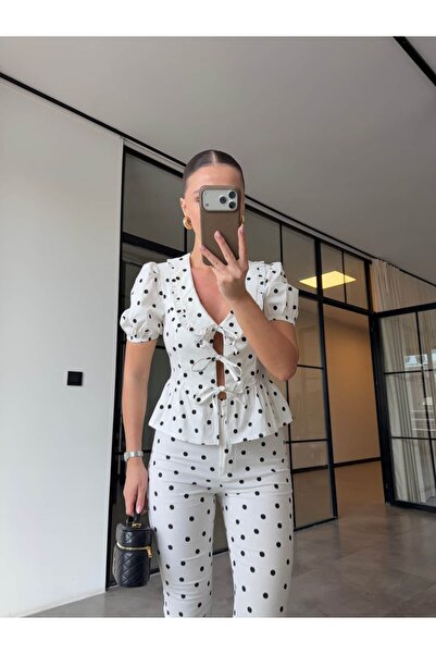 BB Bensu Buyruk Balon Kol Tie-Up Polka Dot Blouse