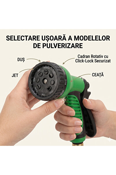 Fabrilux Pistol de pulverizare pentru grădină, set superior și inferior, cu 8 moduri de pulverizare, furtun extensibil, presiune reglabilă și conectori universali, verde