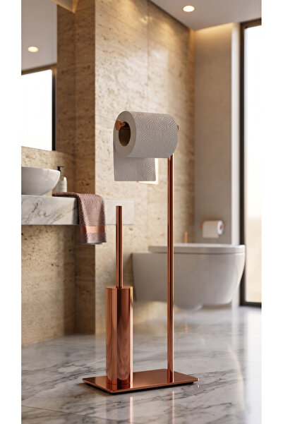 EMFA AKSESUAR Copper Toilet Brush Rose Gold Toilet Paper Holder Set with Bras...