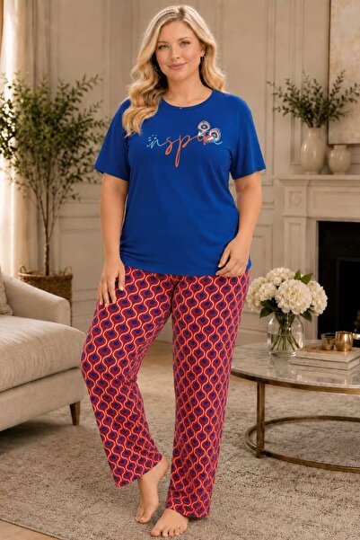 tarzımsüper Plus Size Luxury Pajamas Set with Elastic Waist Comfort Model Cot...
