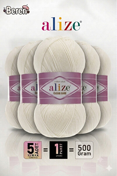 Alize Cotton Gold - 62 Light Cream - 5 Pack - 100Gr/330M - Cotton Cardigan Ve...