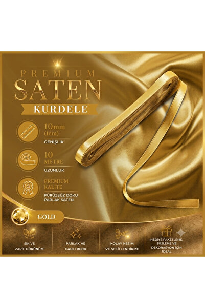 edalle Gold Saten Kurdele 1 Cm 10 Metre, Özel Gün Hediye Süsleme Kurdelesi