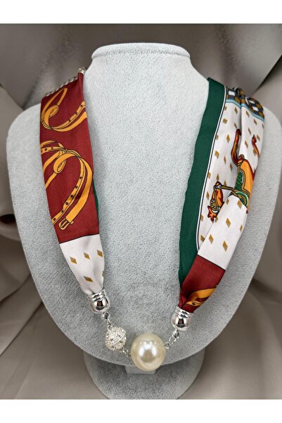 ZS Aksesuar Women's Burgundy Green Patterned Magnetic Scarf Necklace with Lar...