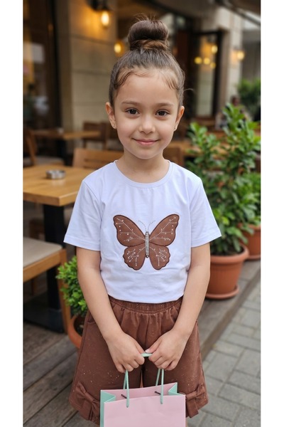 trikomode Round Neck Summer Print Stone Detailed Capri Girls' Top and Bottom Set