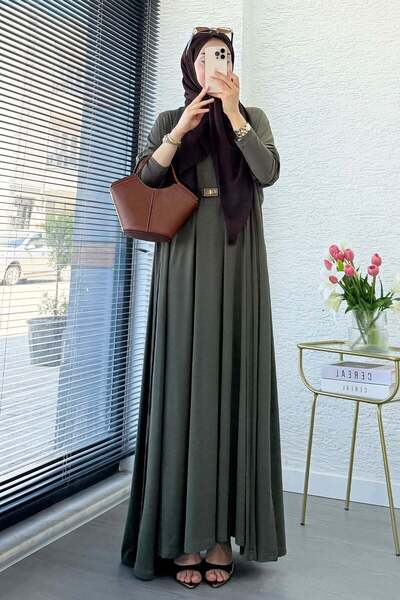 MELEK ARAZ Premium Double Face Yarasa Kol İkili Abaya Takım - Haki