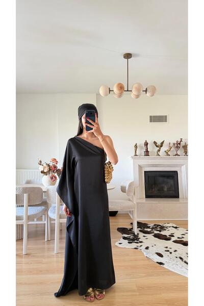 GAUS CO Siyah Bandanalı Tek Omuz Saten Elbise GAUS-01645