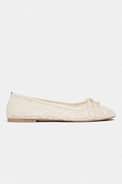 NİŞANTAŞI SHOES Magni Beige Lace Embroidered Bow Detail Women's Ballerinas