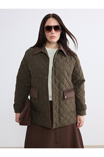 LC Waikiki Soulife Khaki Plus Size Velvet Collar Quilted Women's Jacket
