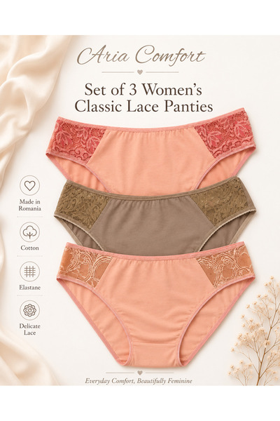 Aria Comfort ✨ Set 3 Chiloți Clasici Damă – Bumbac moale, (Bej, Caisă), Dante...