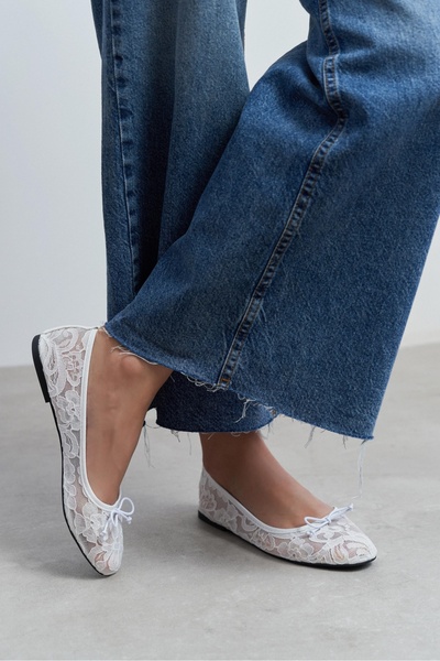 NİŞANTAŞI SHOES Magni White Lace Embroidered Bow Detail Women's Ballerinas