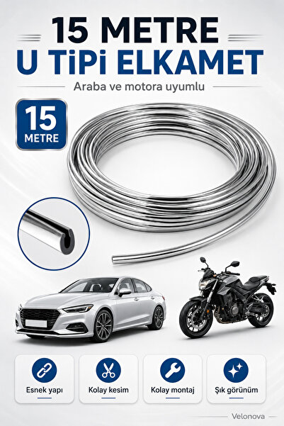 Velonova 15 Metre U Tipi Elkamet Esnek Krom Kaplama Şeridi Araba ve Motor Uyumlu