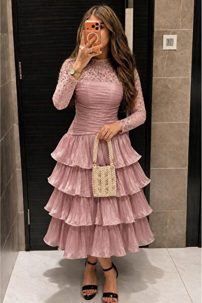 led style Mini Crinkle Layered Dress with Shimmering Embroidery