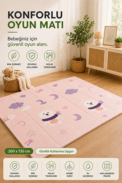 Babylike Katlanabilir Bebek Oyun Matı 200x130 cm – Kalın, Yumuşak, Darbe Emic...