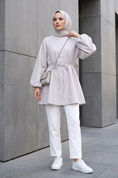 MODAQU Tencel Fabric Balloon Sleeve Tunic - Stone