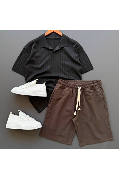 Beylerce Nurse Collar Knitwear T-Shirt + Raw Linen Shorts 2-Piece Combination