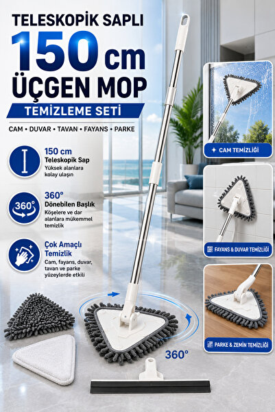 Hane Dostu Teleskopik Saplı 150 cm Üçgen Mop Cam Duvar Tavan Fayans ve Parke ...