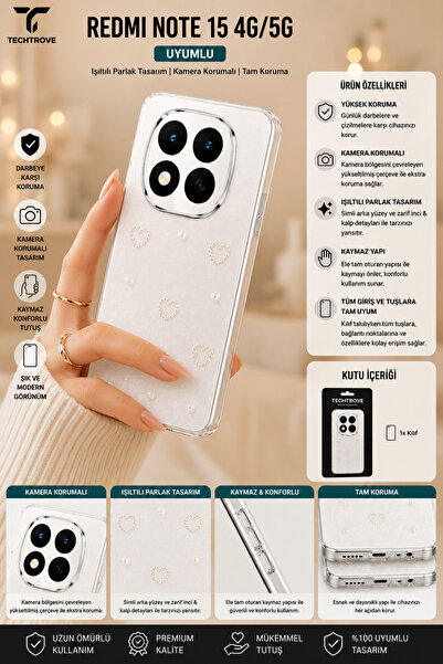 TechTrove Redmi Note 15 4G/5G Uyumlu Şeffaf ve Simli Darbe Emici Kamera Korum...