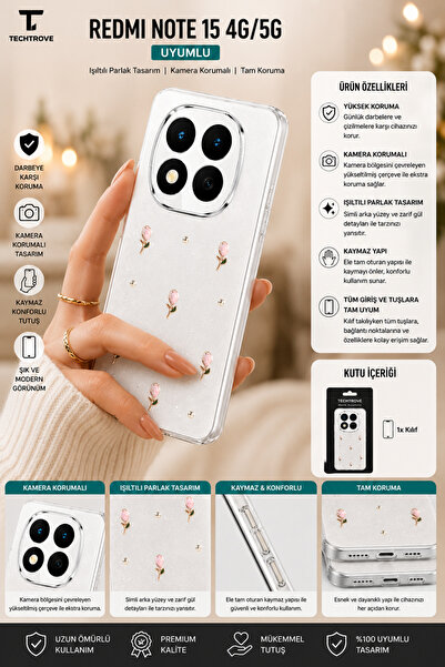 TechTrove Redmi Note 15 4G/5G Uyumlu Şeffaf ve Simli Darbe Emici Kamera Korum...