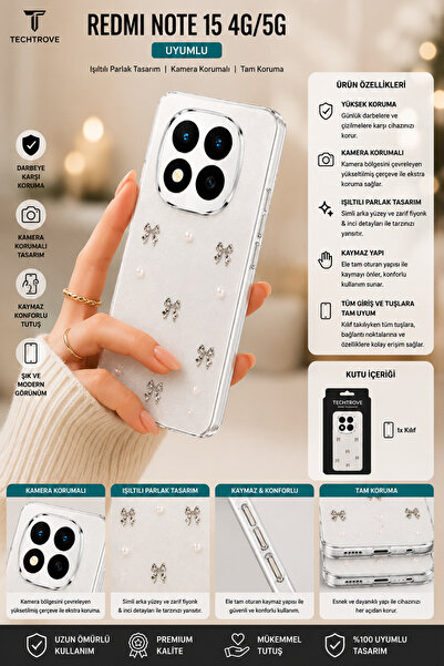 TechTrove Redmi Note 15 4G/5G Uyumlu Şeffaf ve Simli Darbe Emici Kamera Korum...
