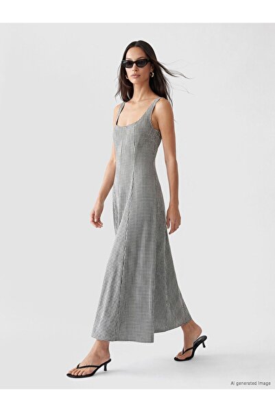 LC Waikiki Lcw Everyday Black U-Neck Plaid Waist-Slit Dress