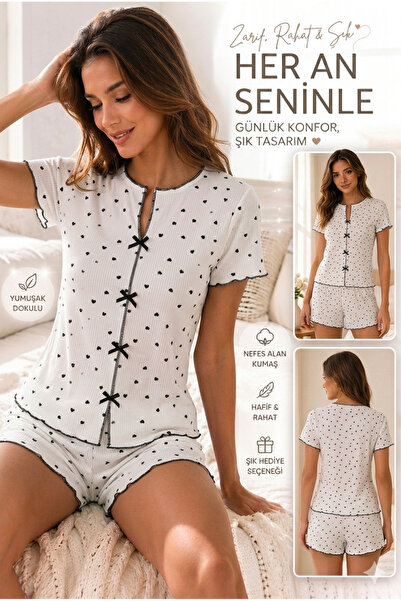 Manolya FineLine Kadın Mini Çiçek Desenli Pijama Takımı Pamuklu Şortlu Ev Giyimi