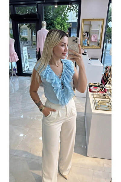 Lovely butik Bluză cu volane și șireturi pentru femei - Bluză de vară fără mâ...